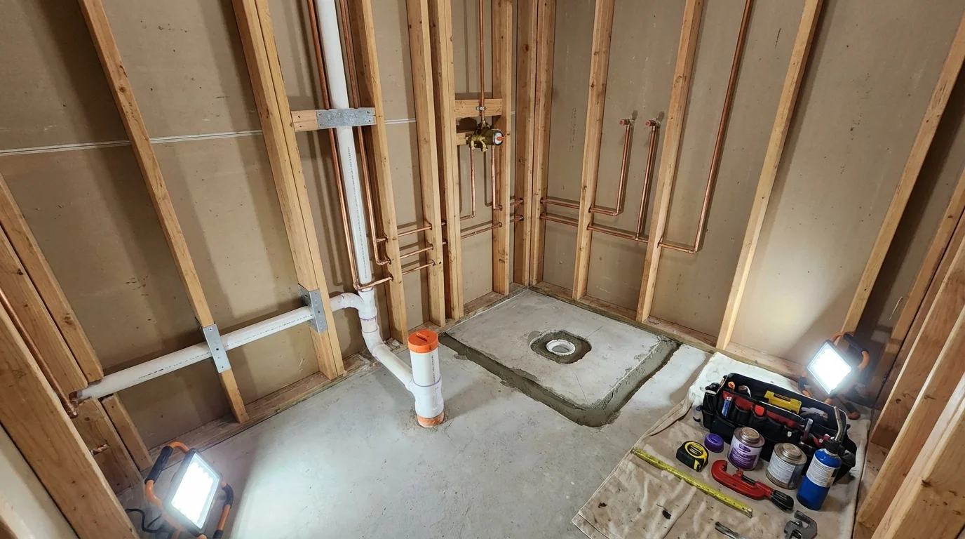 Bathroom rough-in plumbing during remodel by Johns Plumbing LLC in Eden