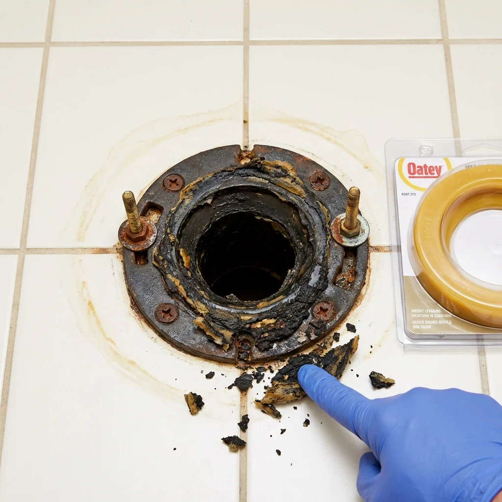 Failed wax ring showing water seepage at the base of a toilet in a Eden, NC home